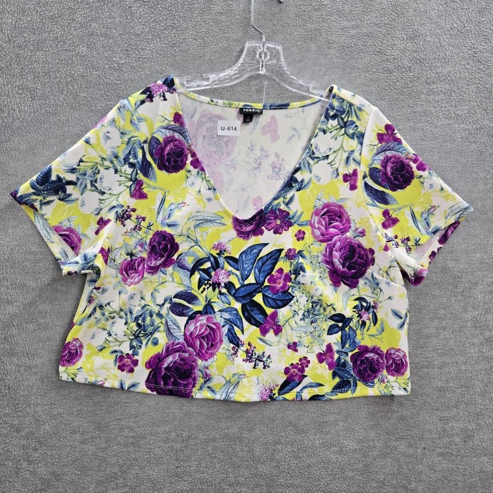 Torrid Women Top 2 Yellow Floral Crop Shirt Short Sleeve V Neck